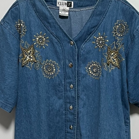 Club Z Vintage 80's Artsy Embellished Denim Short Sleeve bedazzled Denim shirt - Picture 8 of 9